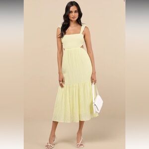 NEW Lush Dreamiest Darling Yellow Smocked Tie-Back Tiered Midi Dress SMALL